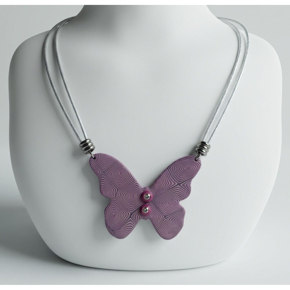 Polymer Clay Purple & Pink Swirl Butterfly Handmade Pendant Necklace Satin Cord